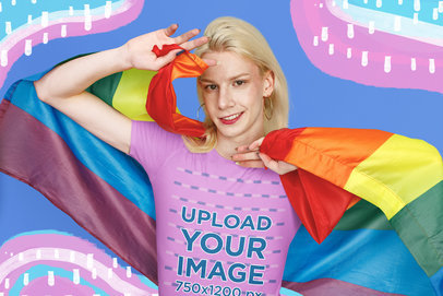 Round-Neck T-Shirt Mockup of a Smiling Person Holding a Pride Flag m33070 r-el2
