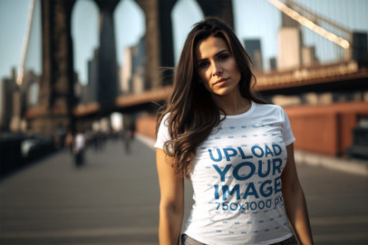 AI-Generated T-Shirt Mockup Featuring a Woman Posing on the Brooklyn Bridge m32490