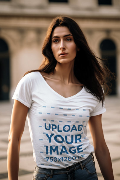 AI-Generated Mockup of a Woman Wearing a V-Neck T-Shirt in Paris