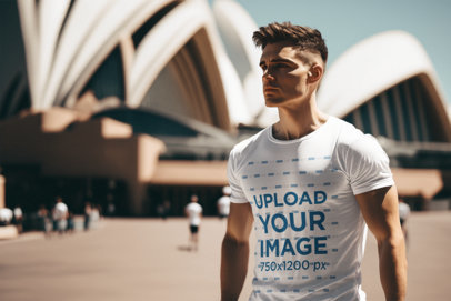 Round-Neck T-Shirt Mockup Featuring an AI-Generated Man Posing in Sydney