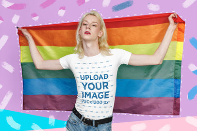 Round-Neck Tee Mockup of a Trans Model Holding a Gay Pride Flag m33069 r-el2