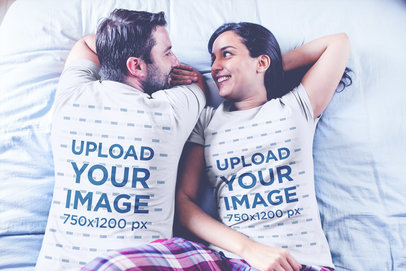 Loving Couple Wearing Tshirts Mockup Waking Up on Bed