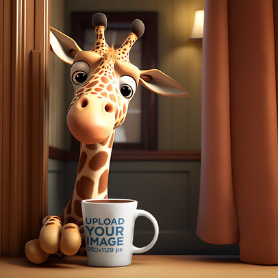 AI-Generated Mockup Featuring a Cartoonish Giraffe with a Coffee Mug
