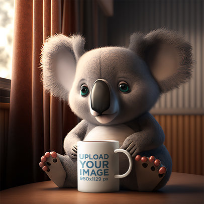 AI-Generated Mockup Featuring a Cute 3D Koala With a Coffee Mug