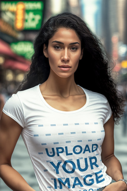 AI-Generated T-Shirt Mockup of a Woman Posing in Manhattan