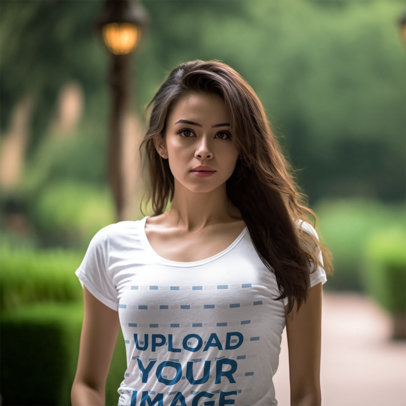 Round-Neck T-Shirt Mockup Featuring an AI-Generated Woman Posing in a Park