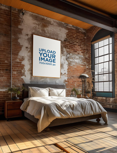 AI-Generated Mockup of an Art Print Placed in an Industrial-Aesthetic Bedroom  m33329