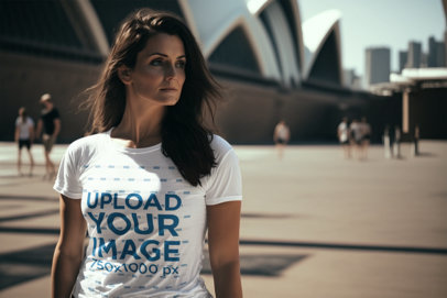 AI-Created T-Shirt Mockup Featuring a Woman Posing in Front of Sydney's Opera House