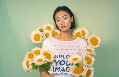 AI-Generated Mockup Featuring a Serious Woman Wearing a T-Shirt and Surrounded by Flowers