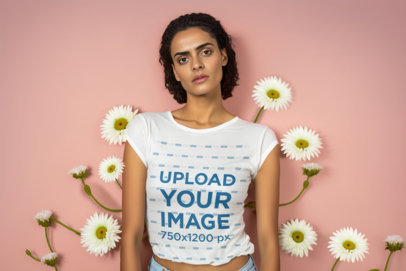 T-Shirt Mockup Featuring an AI-Generated Woman Posing With Flowers