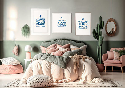 AI-Generated Mockup Featuring Three Art Prints Placed in a Nice Bedroom