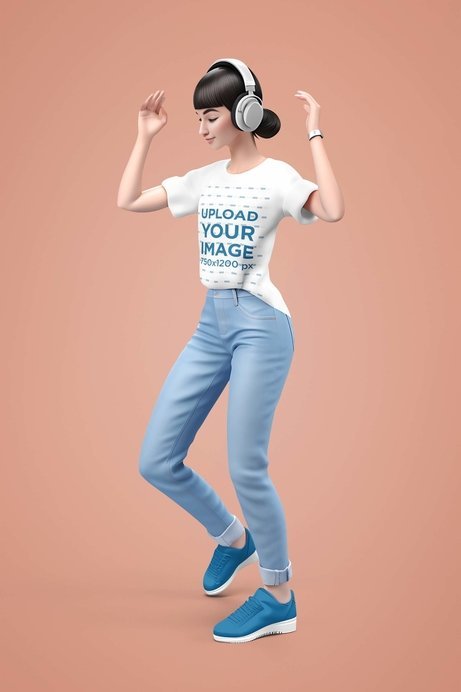 AI-Created T-Shirt Mockup of a Cartoonish Woman Dancing with Headphones On