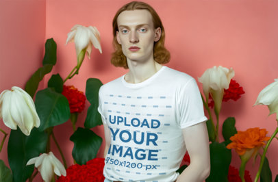 T-Shirt Mockup Featuring an AI Male Posing Against Flowers