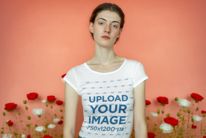 Flower-Themed Mockup Featuring an AI-Generated Woman Wearing a T-Shirt