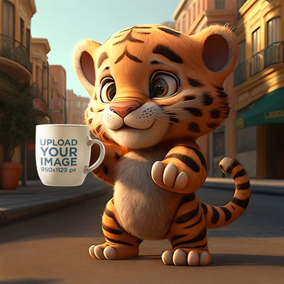 Coffee Mug Mockup Featuring a Cartoonish AI-Generated Baby Tiger Illustration