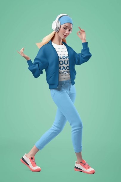 AI-Generated Mockup Featuring a 3D Character Woman Wearing a T-Shirt and Listening to Music