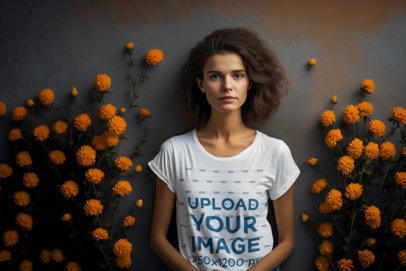 AI-Generated Mockup of a Curly-Haired Woman Wearing a T-Shirt