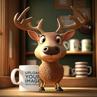 3D Mockup Featuring an AI-Generated Deer With a Coffee Mug