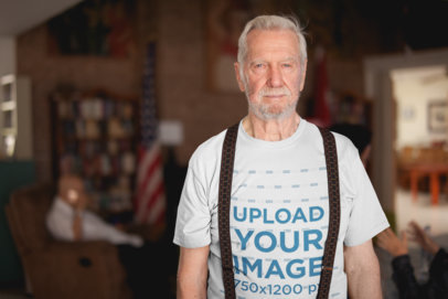 Senior Man Wearing a Tshirt Mockup and Suspenders at the Nursing Home