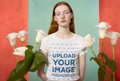 AI-Themed Mockup of a Woman Wearing a T-Shirt Featuring Flowers