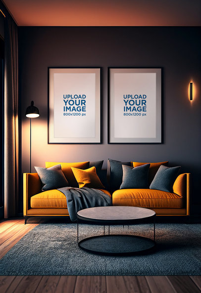AI-Generated Mockup of Two Art Prints Placed Above a Living Room's Sofa m33338