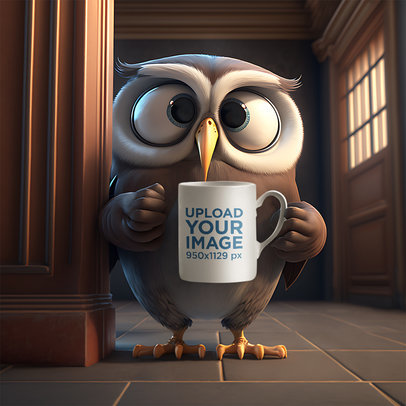 AI-Generated Mockup of a 3D Owl Cartoon Holding an 11 oz Coffee Mug