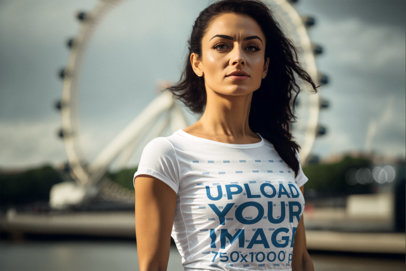 T-Shirt Mockup of an AI-Created Woman Standing in Front of London's Eye