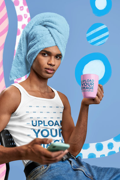 Tank Top Mockup Featuring a Person Holding a Coffee Mug With a Pride Month Theme