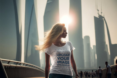 AI-Created Tee Mockup of a Woman with Long Hair Posing in Front of the Shanghai Skyline