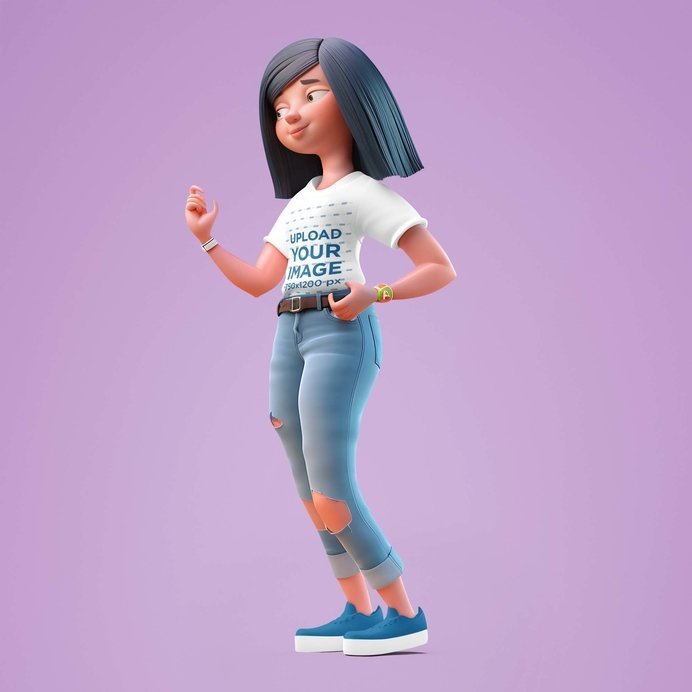 T-Shirt Mockup Featuring a 3D Woman Character Placed in a Customizable Background