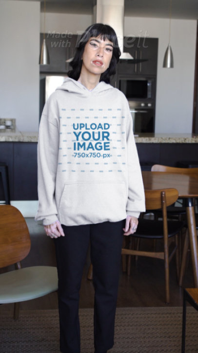 Pullover Hoodie Video Featuring a Woman Posing by a Kitchen