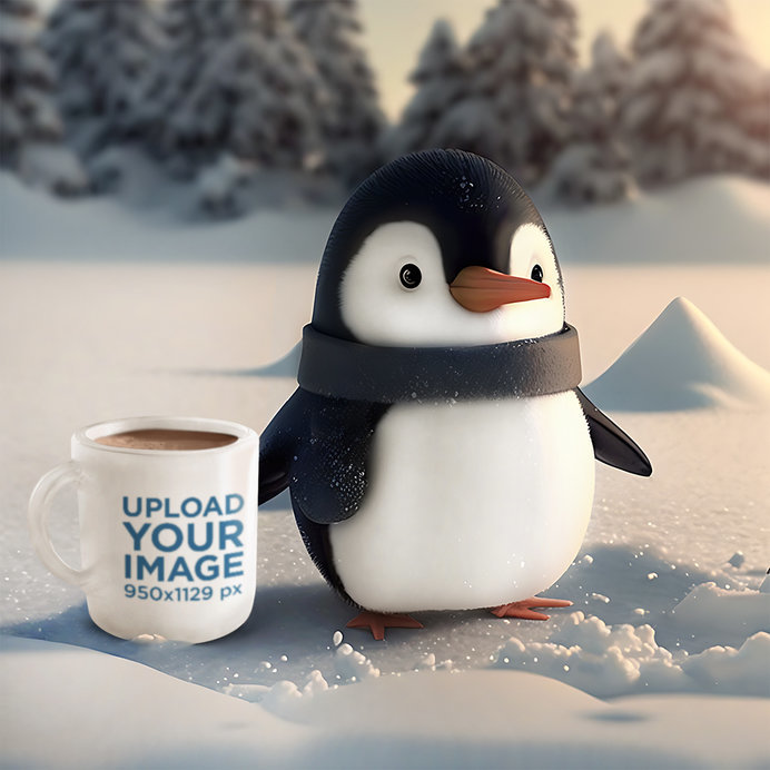 Coffee Mug Mockup of an Adorable 3D Penguin