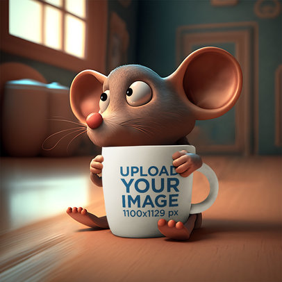 AI-Generated Mockup of a 3D Mouse Hugging an 11 oz Coffee Mug