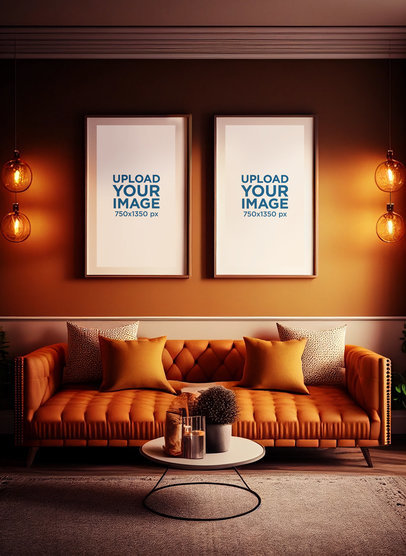 AI-Created Mockup Featuring Two Art Prints Placed in a Living Room with Warm Lighting m33336