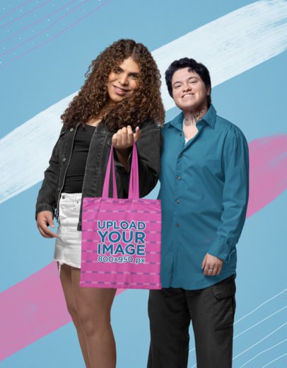 Sublimated Tote Bag Mockup Featuring a Smiling Couple Posing in a Studio
