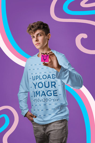 Long Sleeve Tee Mockup of a Non-Binary Person Holding a Sticking Note with a Transgender Symbol m33066 r-el2