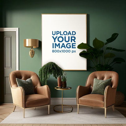 AI-Created Mockup of an Art Print Placed in a Living Room with Two Armchairs m33341