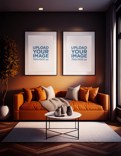 AI-Generated Mockup Featuring Two Art Prints Hanging on a Wall in a Nice Living Room
