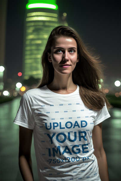 Mockup of an AI-Generated Woman Wearing a Round-Neck T-Shirt in Shanghai by Night