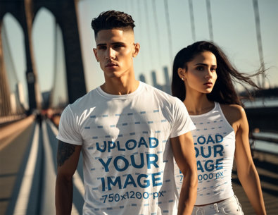 AI-Created Tee and Tank Top Mockup Featuring a Couple Walking on the Brooklyn Bridge m32491