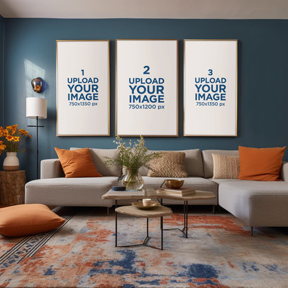 AI-Generated Mockup of Three Art Prints Placed in a Cozy Living Room