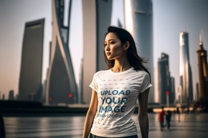 AI-Generated T-Shirt Mockup of a Woman Standing in Front of Shanghai's Skyline
