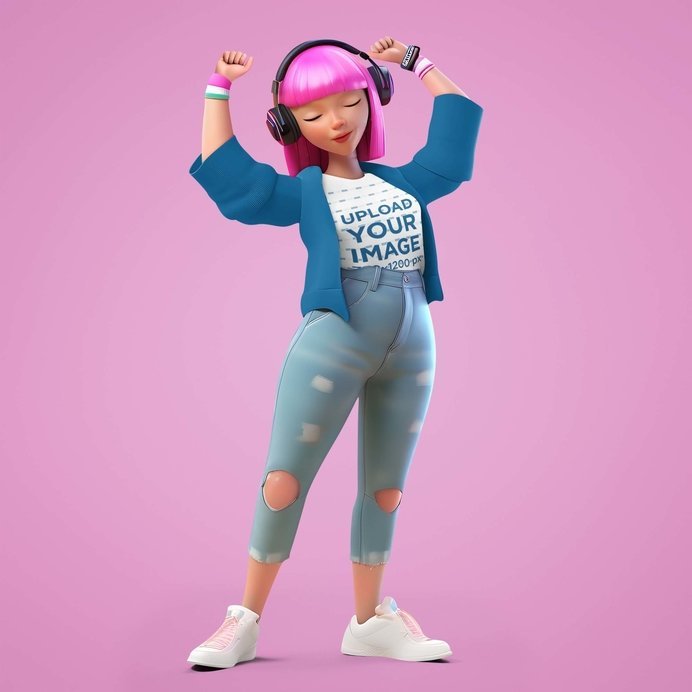 Cartoonish Mockup of an AI-Generated Woman with Pink Hair Wearing a T-Shirt