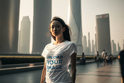 AI-Generated Mockup of a Woman Wearing a T-Shirt in Shanghai
