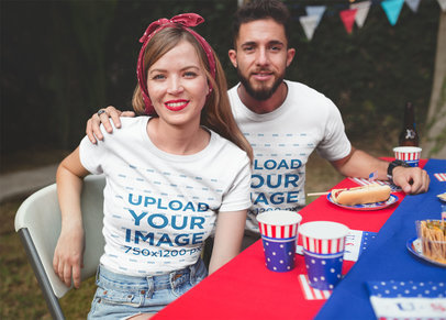 Two Friends Wearing Round Neck Tees Mockup at a 4th of July BBQ Party