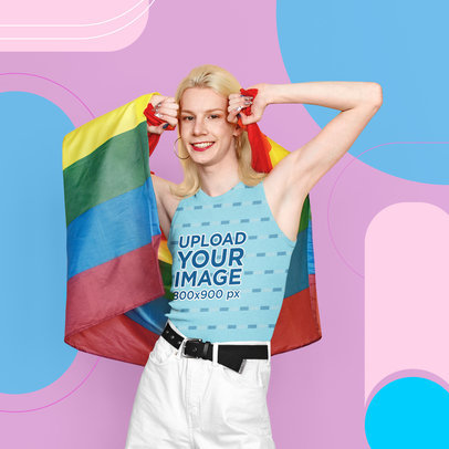 Tank Top Mockup Featuring a Smiling Person Posing with a Rainbow Flag m33081 r-el2