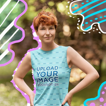 Sleeveless T-Shirt Mockup Featuring a Smiling Woman Posing for Transgender Pride Month m33091 r-el2