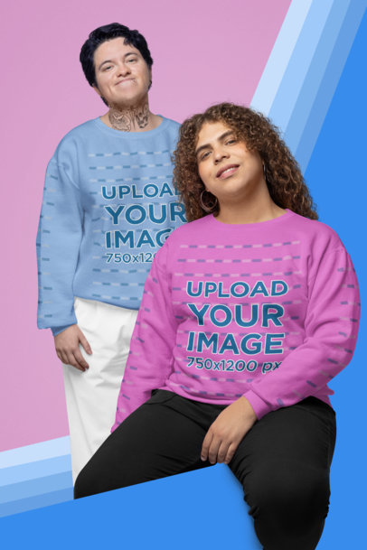 Sweatshirt Mockup of a Smiling Man and a Woman Posing at a Studio