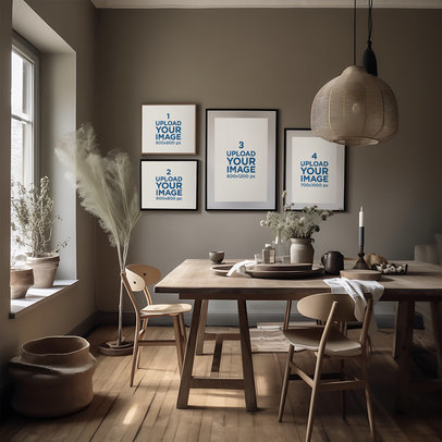 AI-Generated Mockup of Four Different-Sized Art Prints Placed in a Contemporary Dining Room m33332