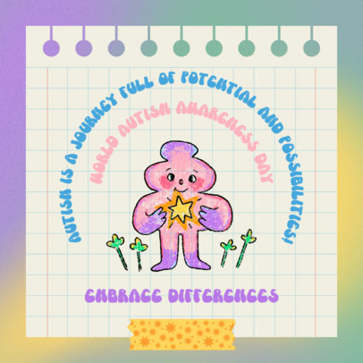 Instagram Post Generator Featuring a Cute Illustration for Autism Awareness Day